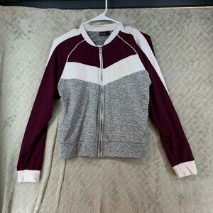 Love Womens Large Sweatshirt Gray Color Block Full Zip Fitted Athletic Top